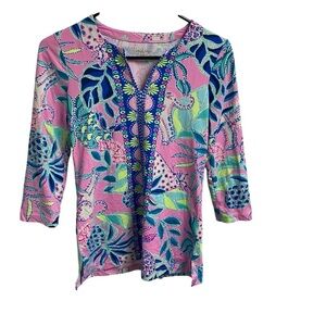 Lilly Pulitzer Ladies Pull On Top XXS Paisley Pink Blue Psychedelic VNeck Tunic‎